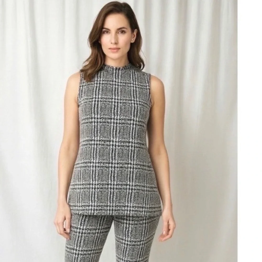 Michael Kors Black‎ White Plaid Mock Neck Sleeveless Tunic Top L Preppy 86-34